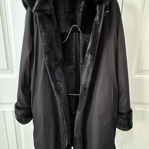 Hilary Radley Elegant Black Faux Fur Trimmed reversible Coat size S